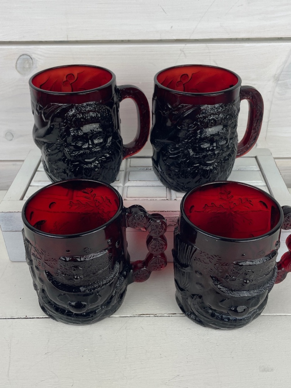Arcoroc Vintage Red Glass Christmas Mugs Snowman Santa - Set of 4